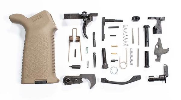 AR-15 Lower Parts Kit FDE Magpul Moe Grip and black moe trigger guard